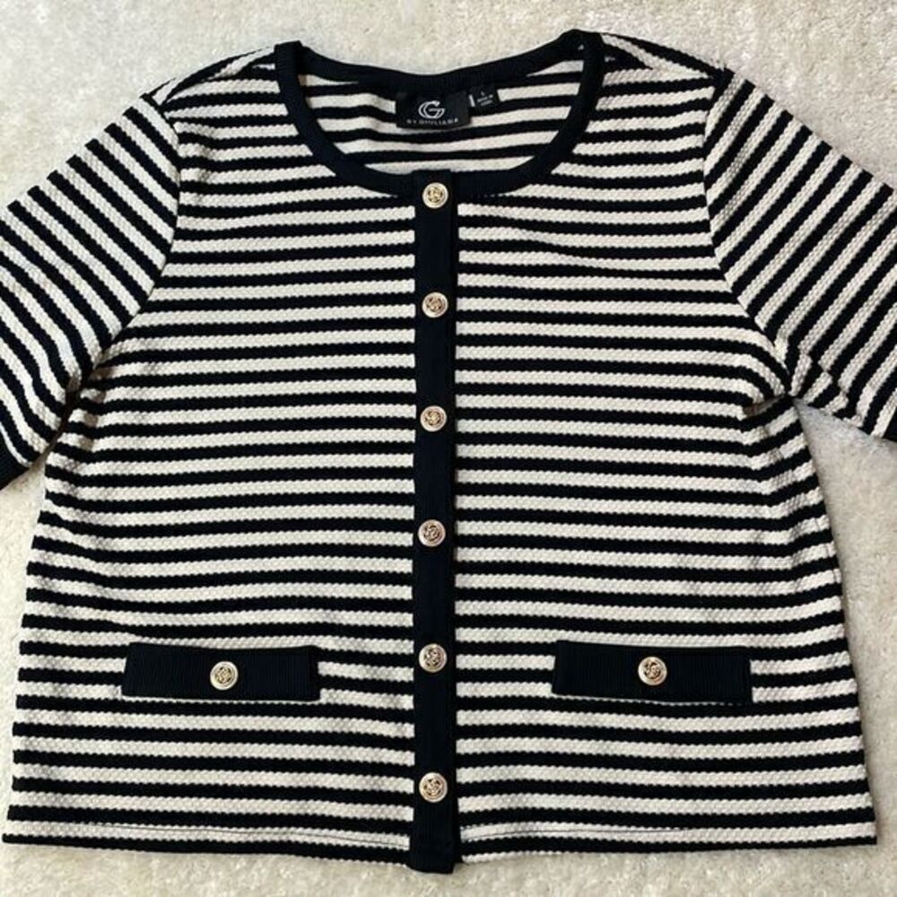 G by Giuliana Striped Short Sleeve Cardigan Top Black Cream Women’s Sz L
